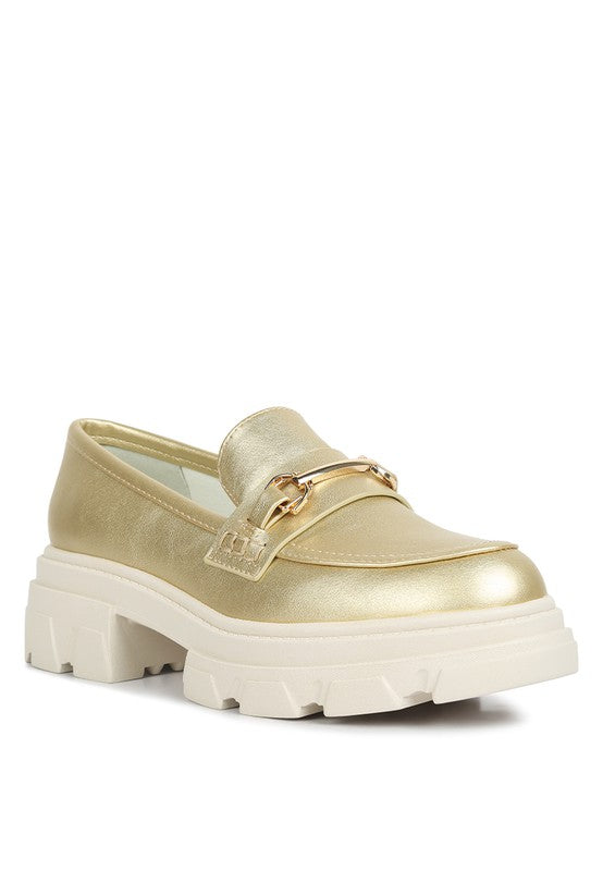 Women Metallic Gold Platform Loafers