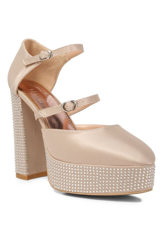 Two Strap Rhinestones Embellished Chunky Platform Satin High Heels