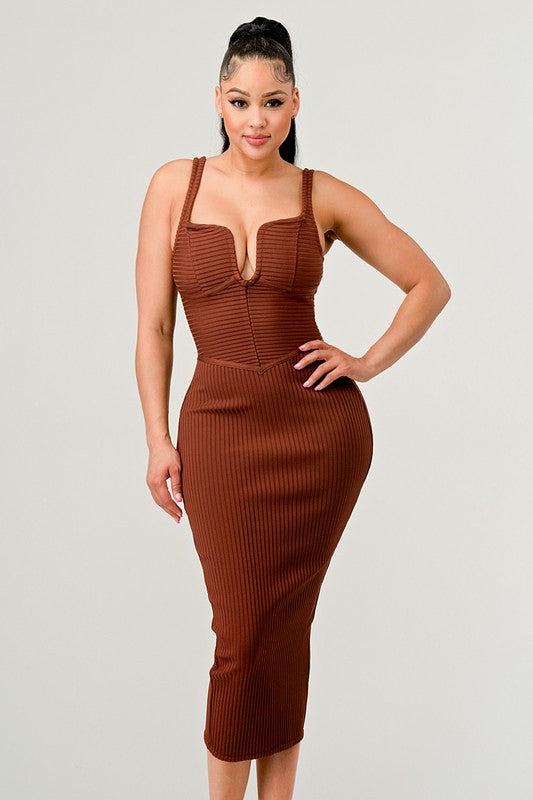 Spaghetti Strap V Neck Ribbed Dress