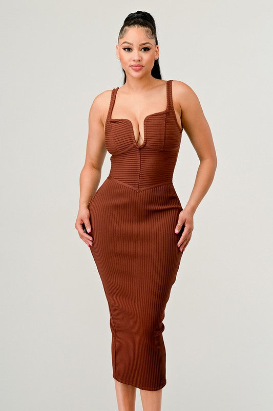 Spaghetti Strap V Neck Ribbed Dress