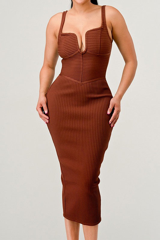 Spaghetti Strap V Neck Ribbed Dress