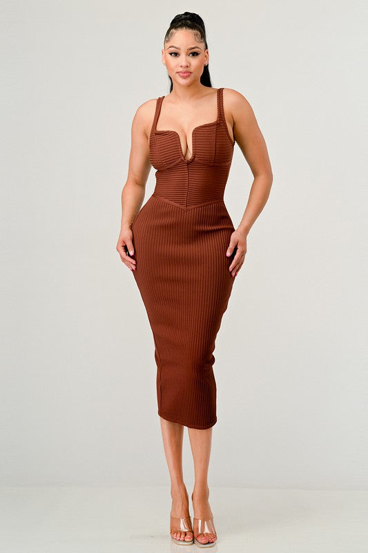 Spaghetti Strap V Neck Ribbed Dress