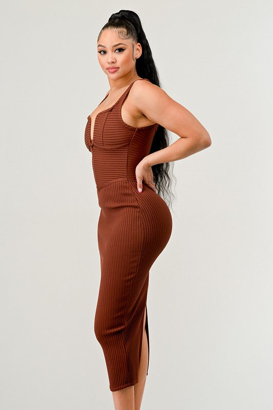 Spaghetti Strap V Neck Ribbed Dress