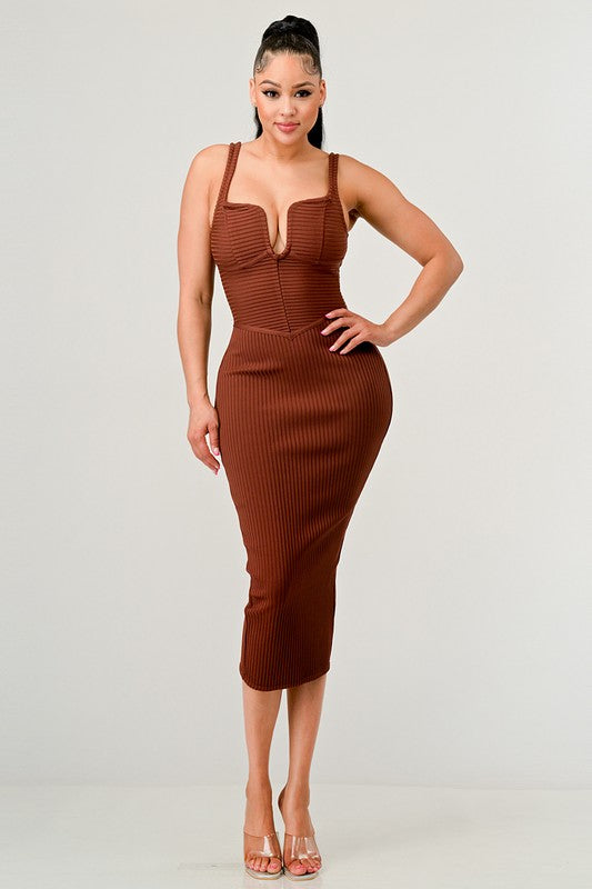 Spaghetti Strap V Neck Ribbed Dress