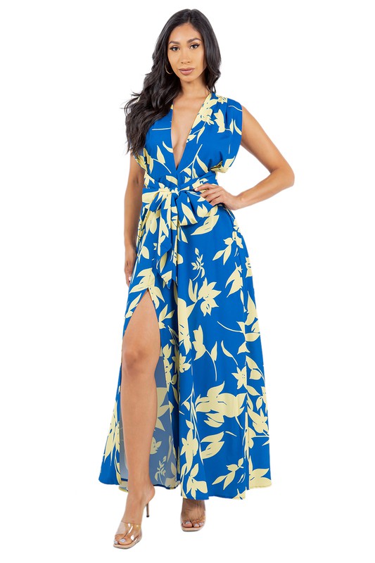 Sleeveless SummerTropical Belted Maxi Dress with Criss Cross Back Straps