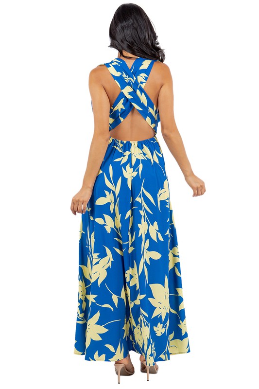 Sleeveless SummerTropical Belted Maxi Dress with Criss Cross Back Straps