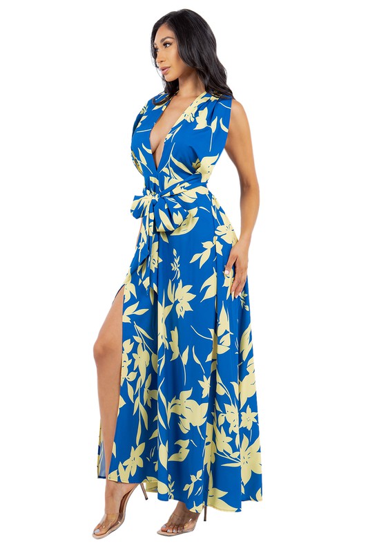 Sleeveless SummerTropical Belted Maxi Dress with Criss Cross Back Straps