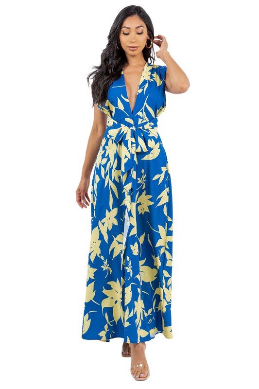 Sleeveless SummerTropical Belted Maxi Dress with Criss Cross Back Straps