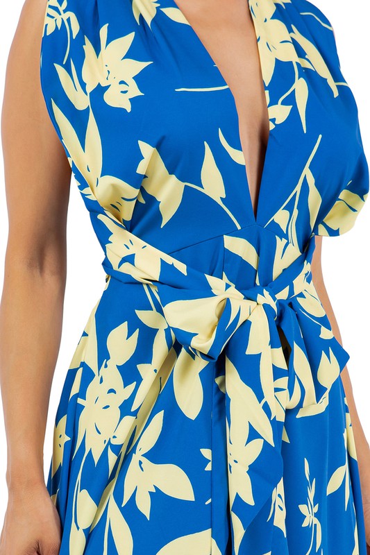 Sleeveless SummerTropical Belted Maxi Dress with Criss Cross Back Straps