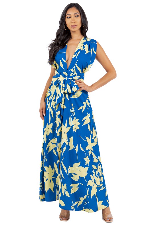 Sleeveless SummerTropical Belted Maxi Dress with Criss Cross Back Straps