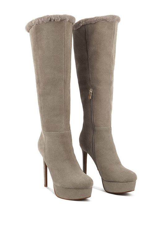 Suede Side Zipper  Knee High Fur Boots