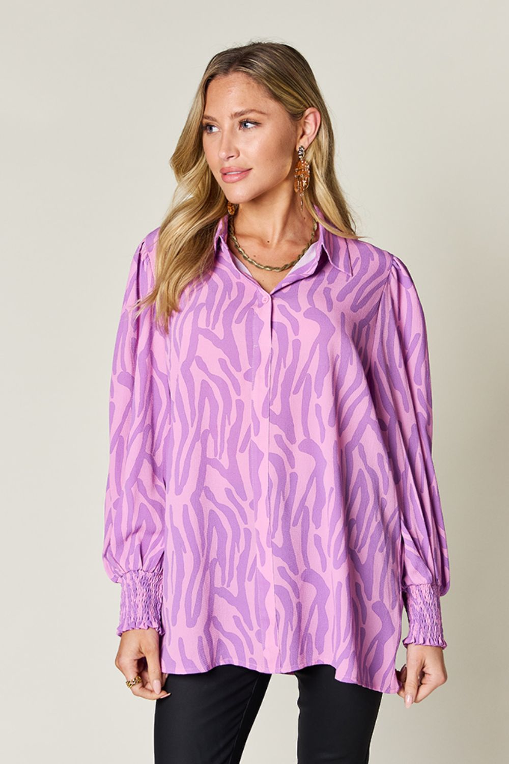 Printed Smocked Hem Long Sleeve Button Up Blouse