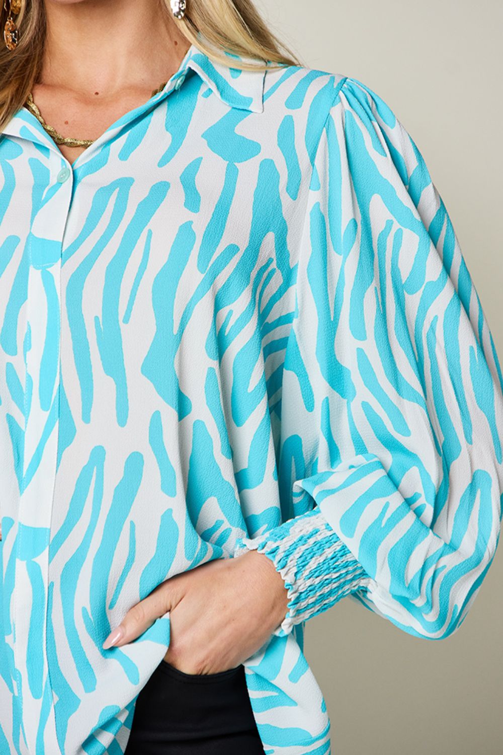 Printed Smocked Hem Long Sleeve Button Up Blouse