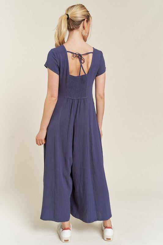 Linen Button Down Wide leg Capri Jumpsuit