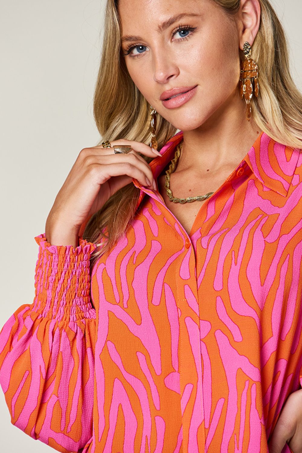 Printed Smocked Hem Long Sleeve Button Up Blouse