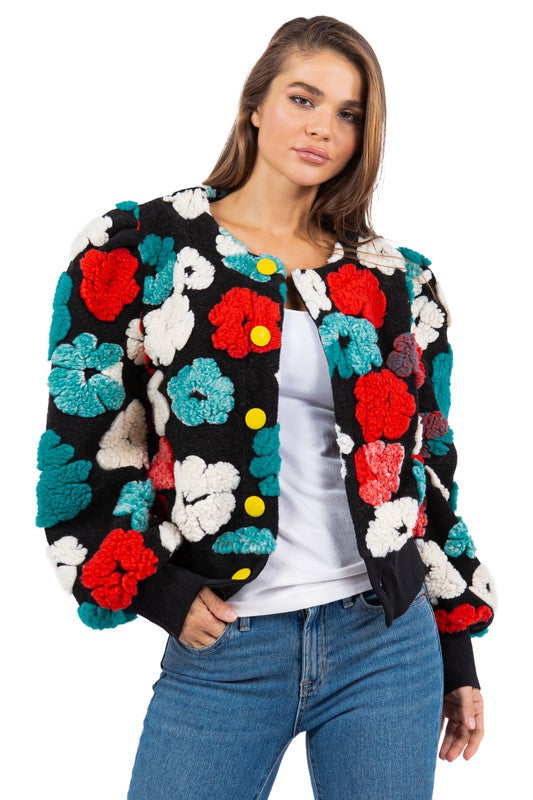 Bomber Jacket With 3D Flower Designs