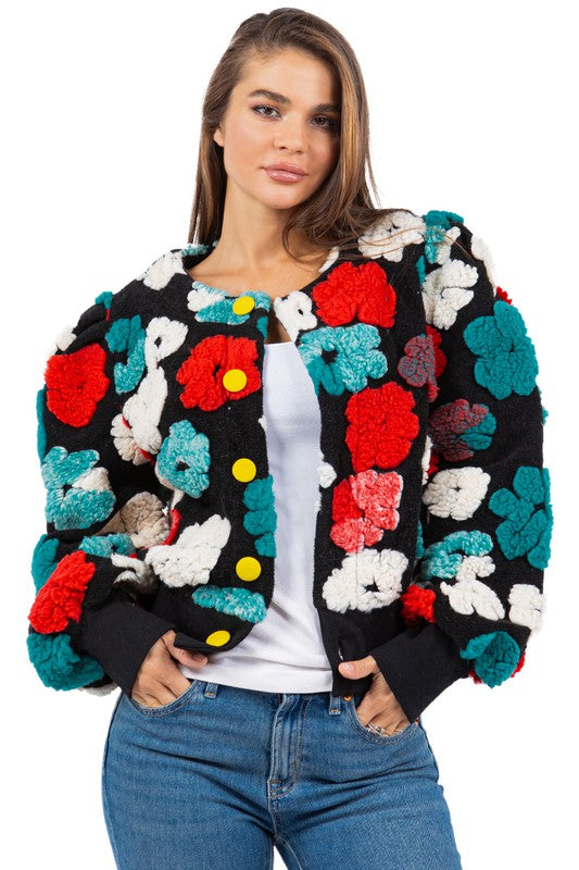 Bomber Jacket With 3D Flower Designs