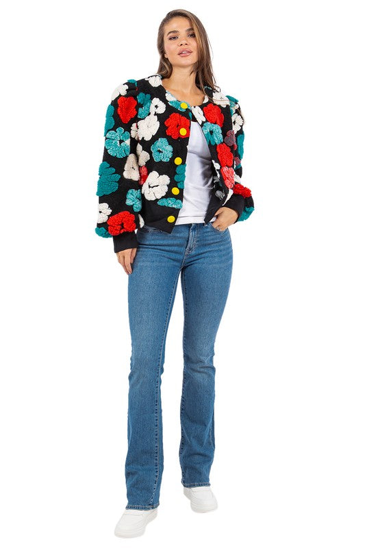 Bomber Jacket With 3D Flower Designs