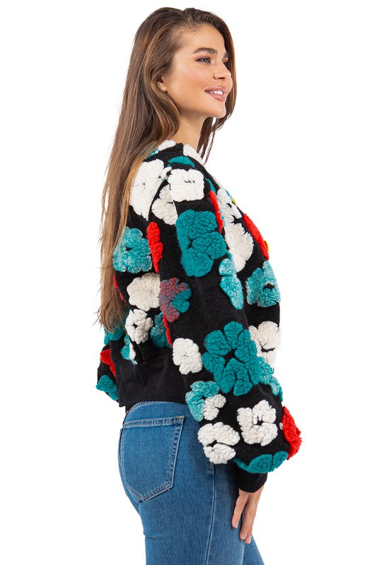 Bomber Jacket With 3D Flower Designs