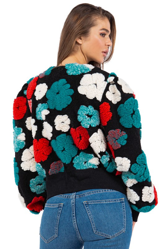 Bomber Jacket With 3D Flower Designs