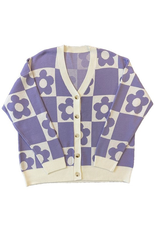 Checkered flower knit cardigan