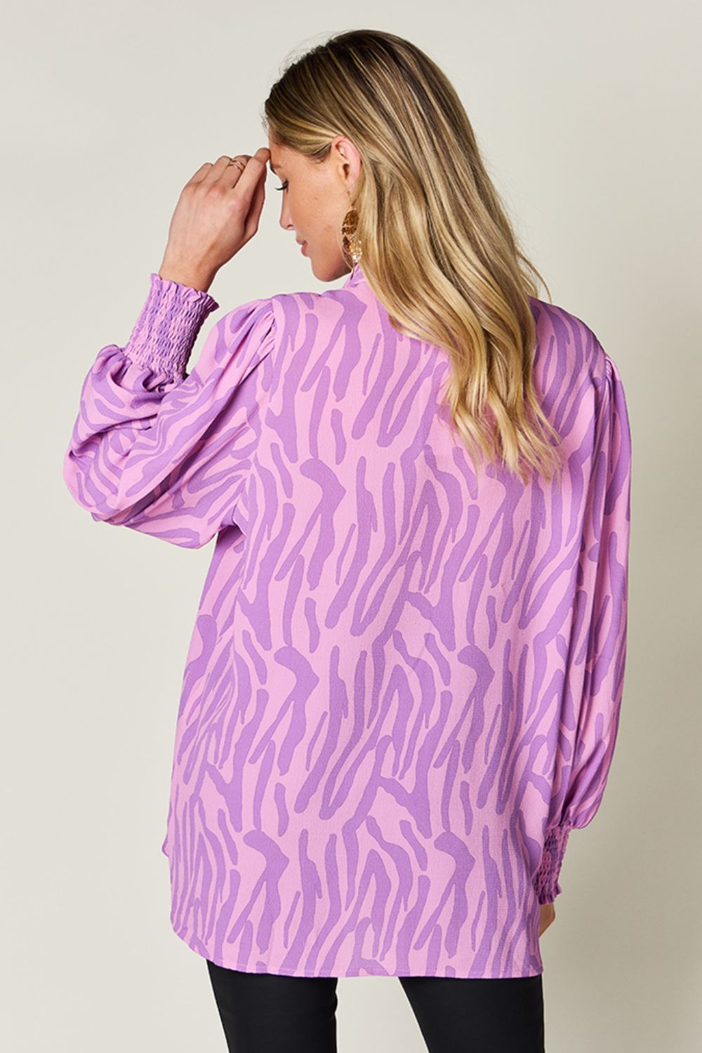 Printed Smocked Hem Long Sleeve Button Up Blouse