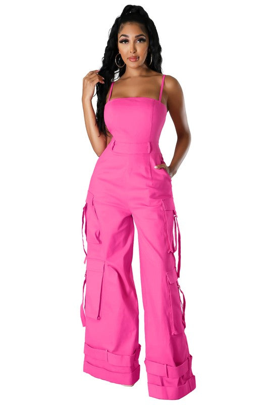 Women Fashion Wide Leg Cargo Pants Jumpsuit