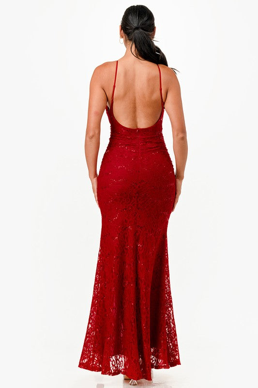 Low Back Plunge Maxi Party Dress