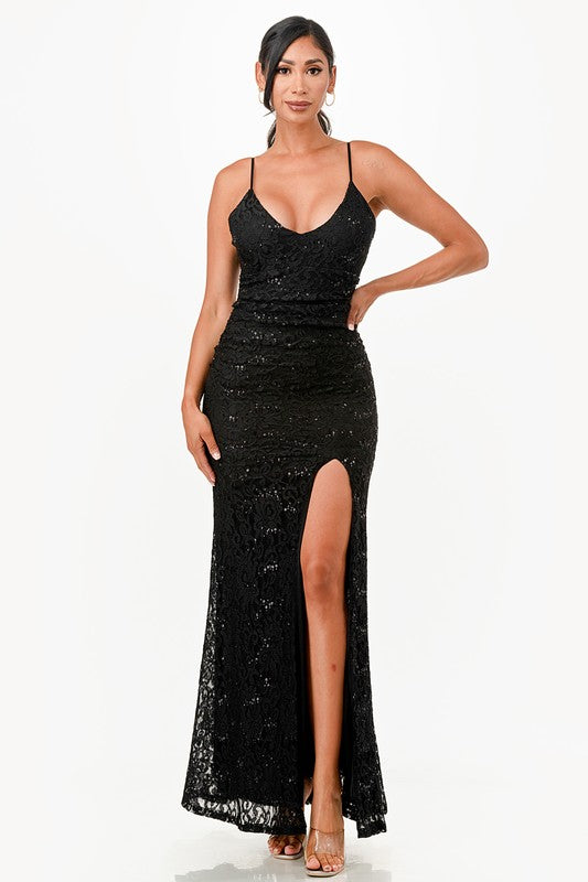 Low Back Plunge Maxi Party Dress