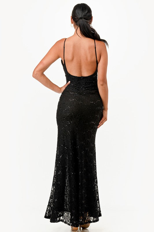 Low Back Plunge Maxi Party Dress