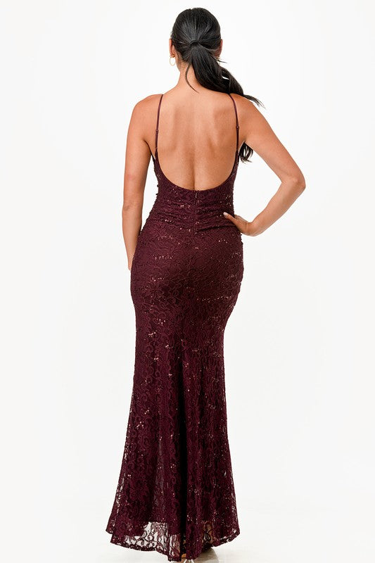 Low Back Plunge Maxi Party Dress