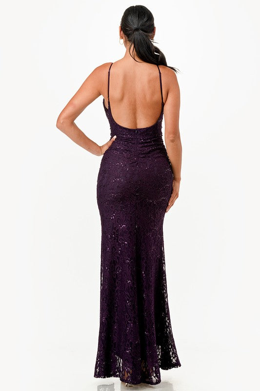 Low Back Plunge Maxi Party Dress