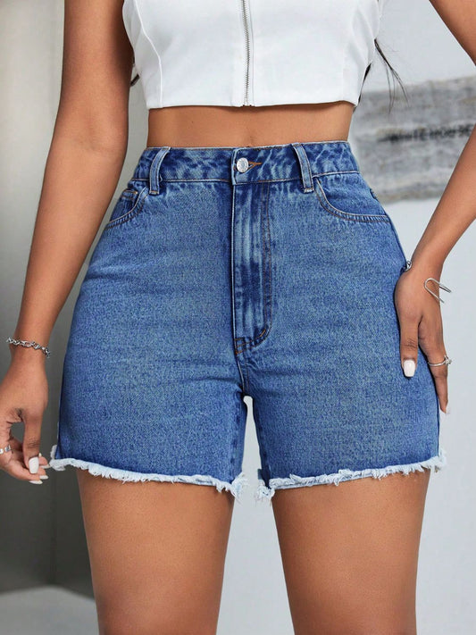 Raw Hem Blue Denim Relax Shorts