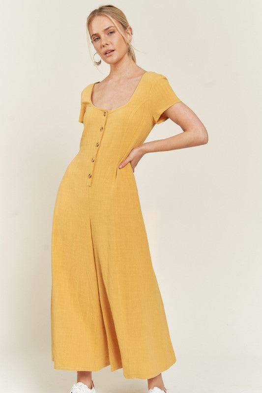 Linen Button Down Wide leg Capri Jumpsuit