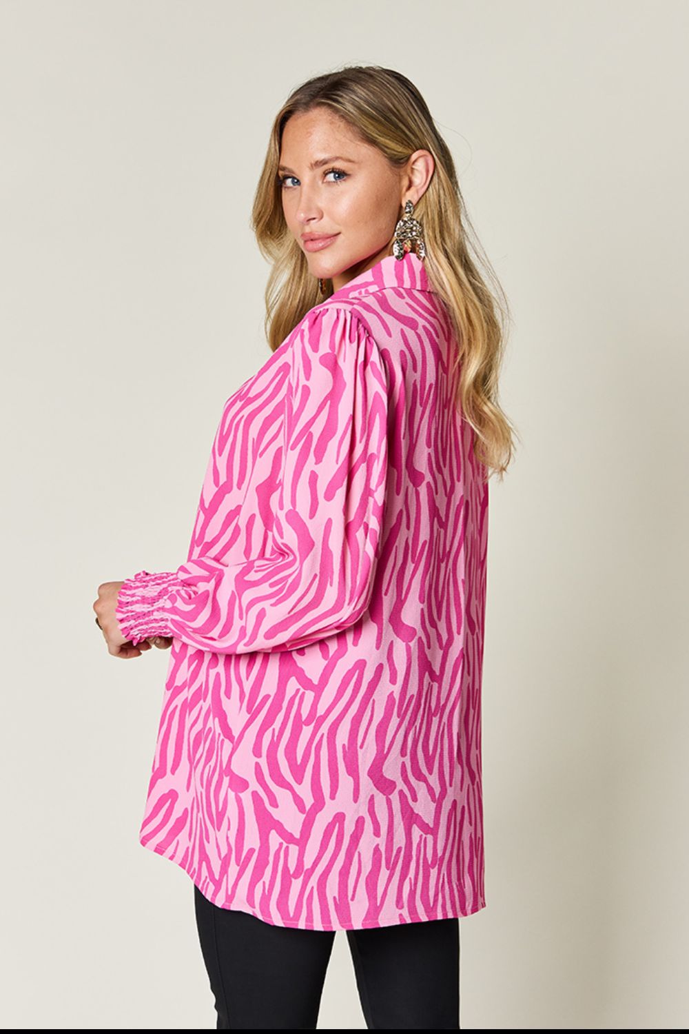 Printed Smocked Hem Long Sleeve Button Up Blouse