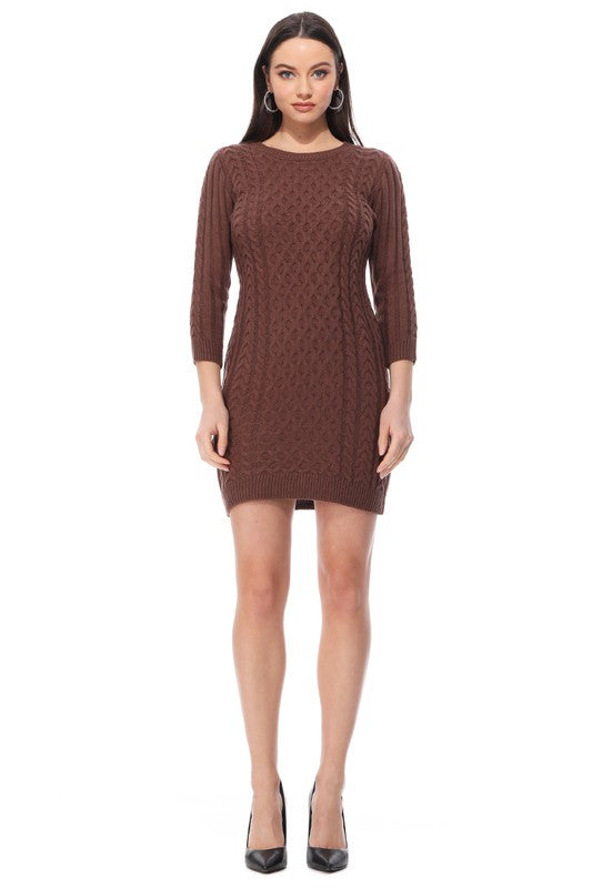 Round Neck Cable Knit Long Sleeve Sweater Dress