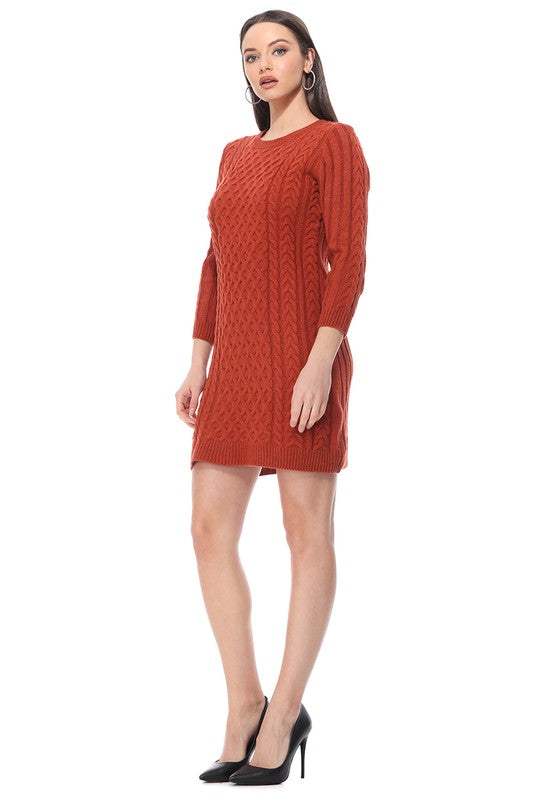 Round Neck Cable Knit Long Sleeve Sweater Dress