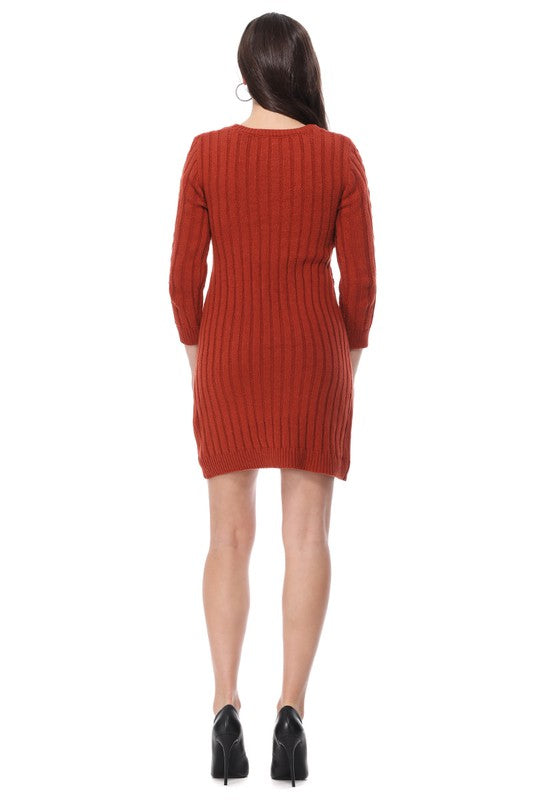 Round Neck Cable Knit Long Sleeve Sweater Dress