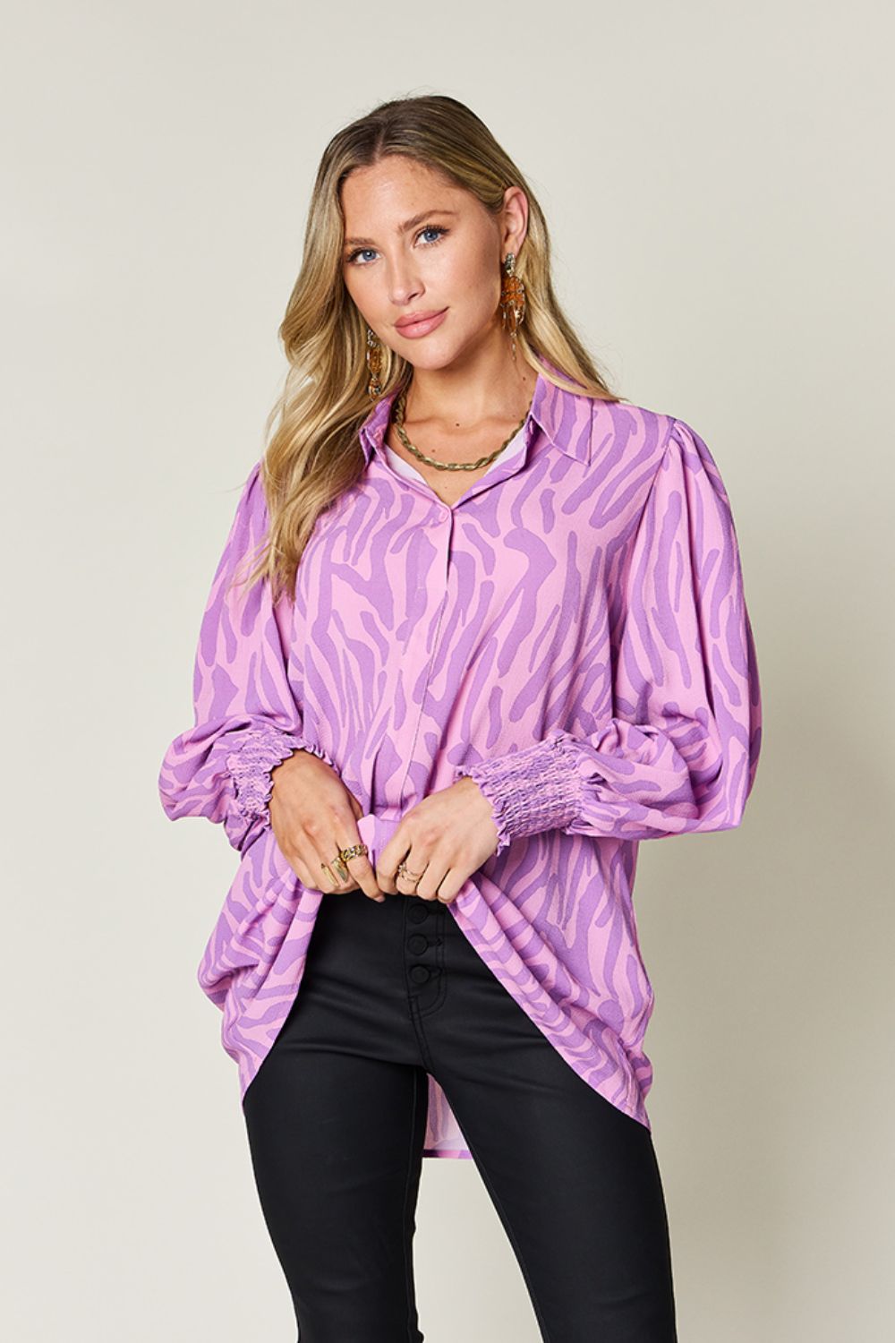 Printed Smocked Hem Long Sleeve Button Up Blouse