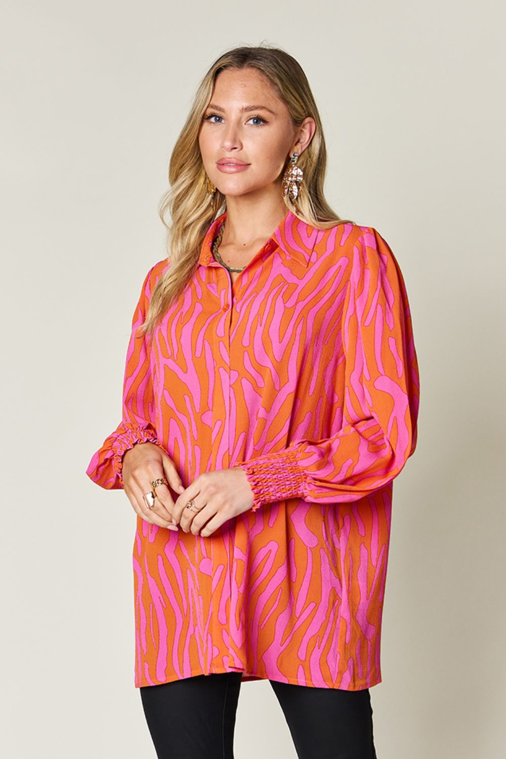 Printed Smocked Hem Long Sleeve Button Up Blouse