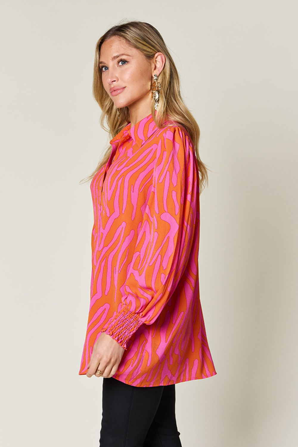 Printed Smocked Hem Long Sleeve Button Up Blouse