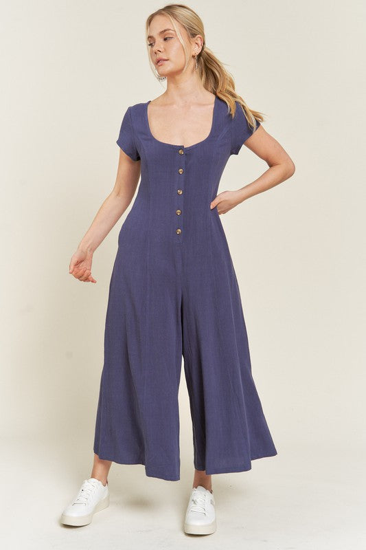 Linen Button Down Wide leg Capri Jumpsuit