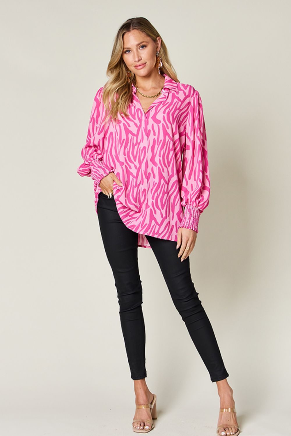 Printed Smocked Hem Long Sleeve Button Up Blouse