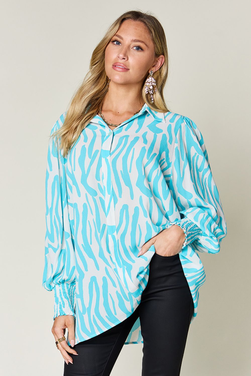 Printed Smocked Hem Long Sleeve Button Up Blouse