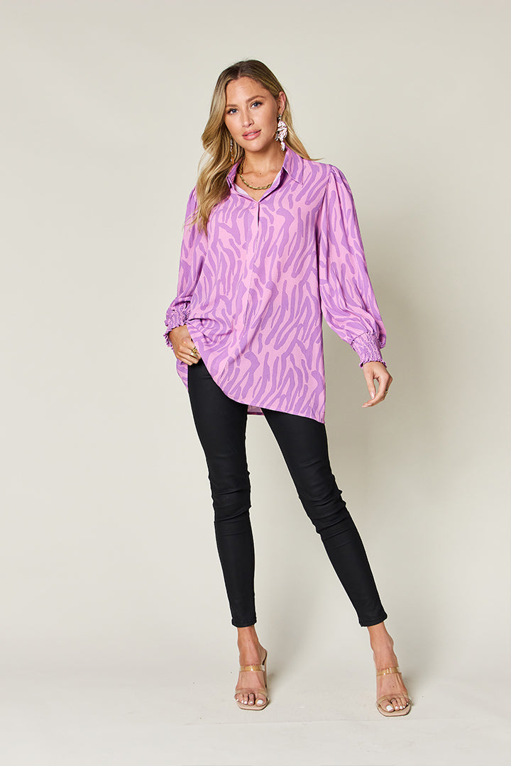 Printed Smocked Hem Long Sleeve Button Up Blouse