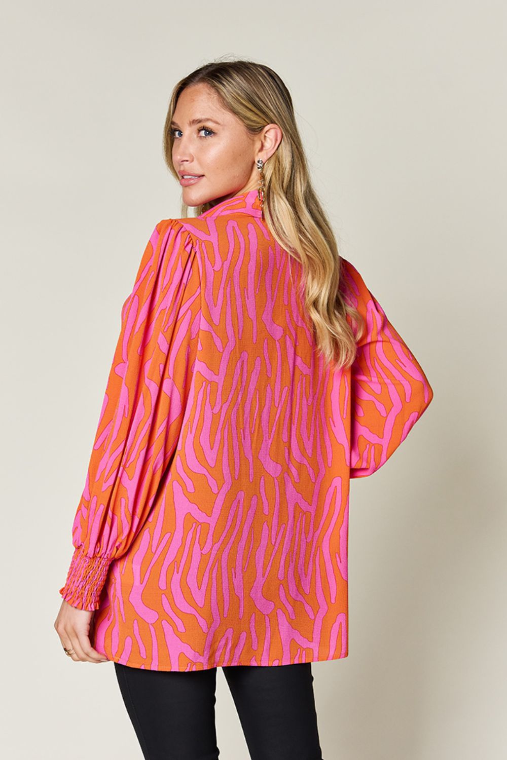 Printed Smocked Hem Long Sleeve Button Up Blouse