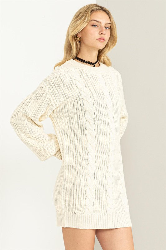 Cable-Knit Ribbed Mini Sweater Dress