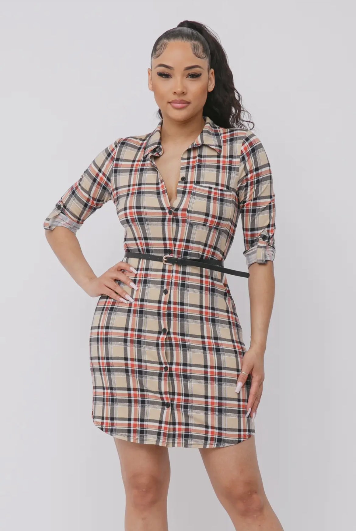 Plaid Belted Button Down Shirt Dress