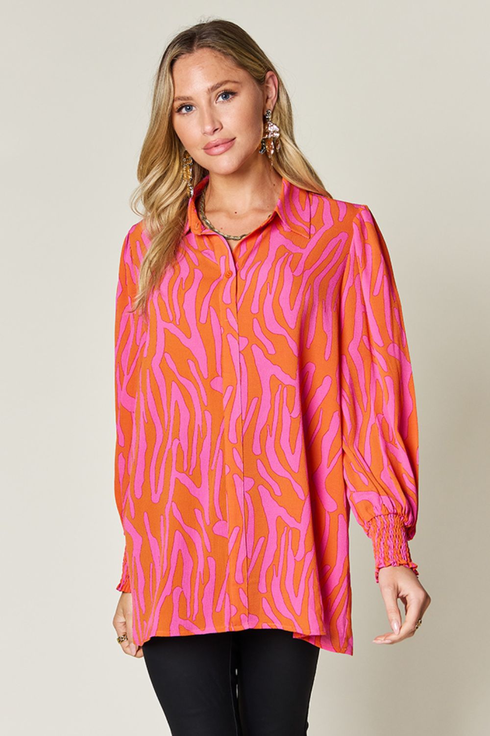 Printed Smocked Hem Long Sleeve Button Up Blouse