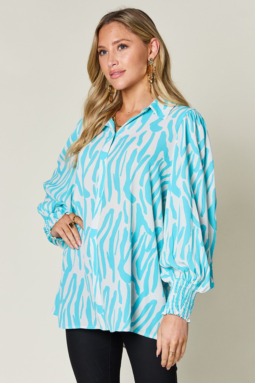 Printed Smocked Hem Long Sleeve Button Up Blouse